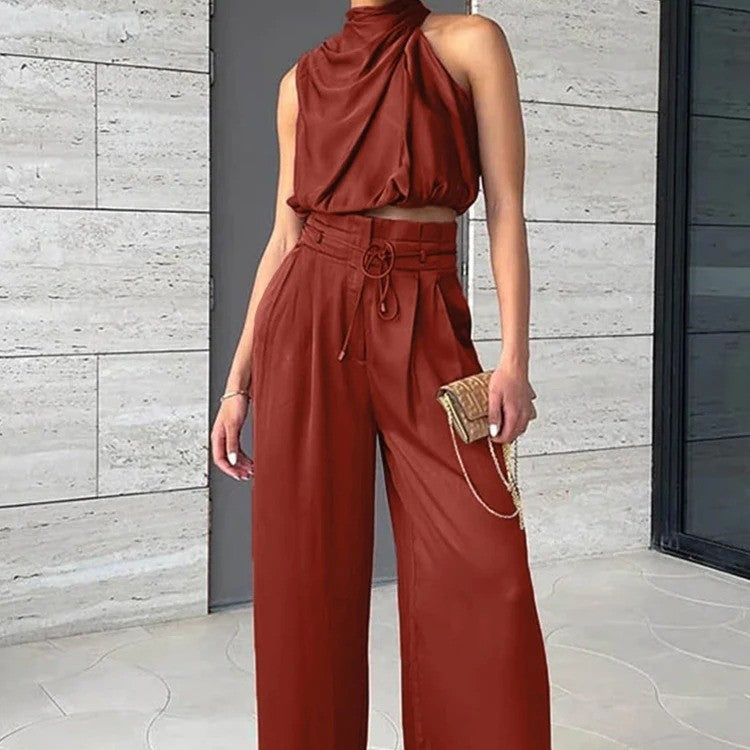 Silk Sleeveless Top Wide Leg Pants Set